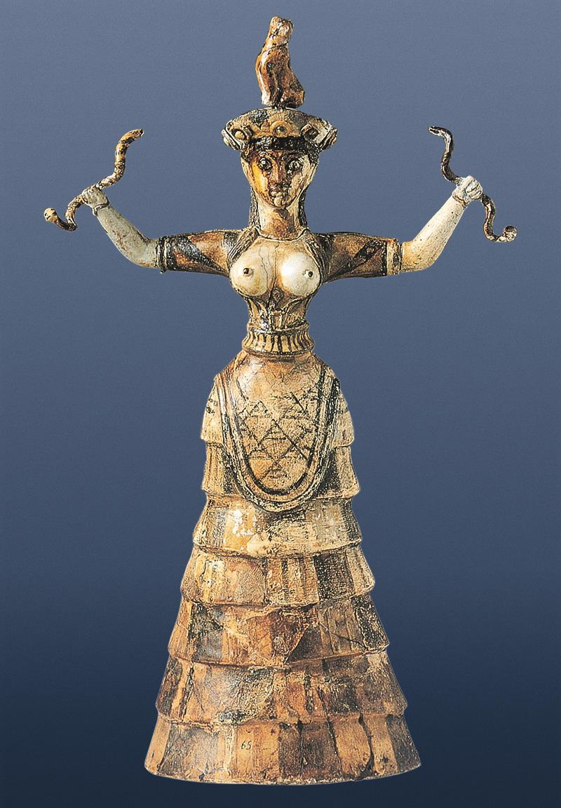 che rappresentano la Madre terra. Le statuette votive: la Dea dei serpenti risale al 1500 a.c. circa. proviene dal Palazzo di Cnosso.
