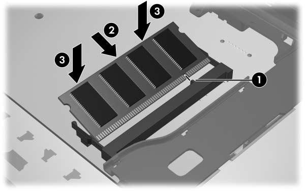 12. Per inserire un modulo di memoria: a. Allineare l'estremità scanalata 1 del modulo di memoria con la linguetta dello slot corrispondente.