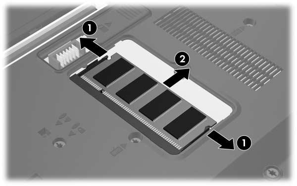 9. Rimuovere il modulo di memoria. a. Aprire i gancetti di fissaggio 1 sui due lati del modulo. Il modulo di memoria si inclina verso l'alto.