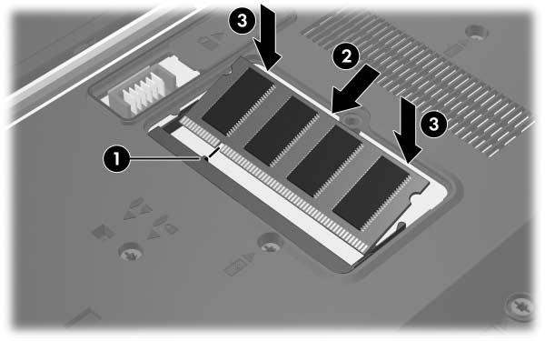 10. Inserire un nuovo modulo di memoria: a. Allineare l'estremità scanalata 1 del modulo di memoria con la linguetta dello slot corrispondente.