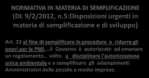 IN MATERIA DI SEMPLIFICAZIONE (DL 9/2/2012, n.5:disposizioni urgenti in materia di semplificazione e di sviluppo) Art.