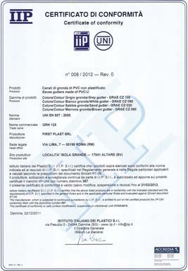 ONFORMITA ALLE NORMATIVE PROFILATI DI PV RIGIDO ED AESSORI PER ANALI DI GRONDA A NORMA UNI EN 607 267 PROFILO ARTIOLO AESSORI OLORE GRN 116 GRN
