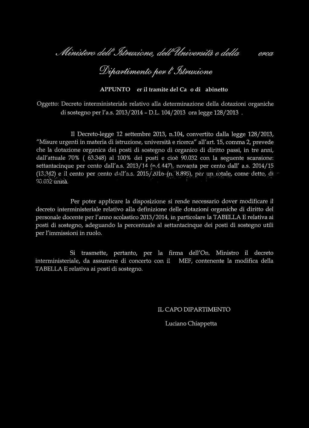 15, comma 2, prevede che la dotazione organica dei posti di sostegno di organico di diritto passi, in tre anni, dall'attuale 70% ( 63.348) al 100% dei posti e cioè 90.