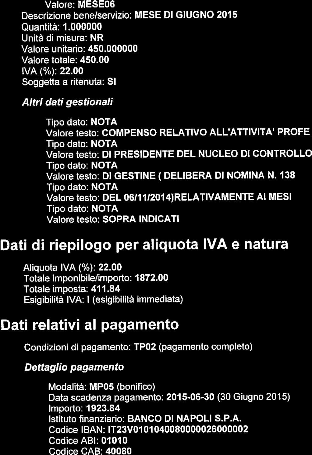 Pagina 4 di 4 Valore: MESEO6 Descrizione bene/servizio: MESE DI GIUGNO 2015 Quantità: 1.000000 Unità di misura: NR Valore unitario: 450.000000 Valore totale: 450.00 IVA (%): 22.