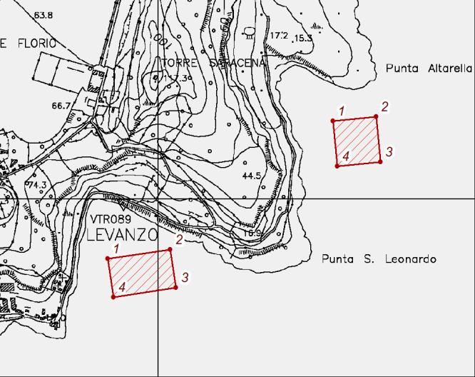 Cala Fredda (Zona C, Isola di Levanzo); 1 N37 59' 17,995" E12 20' 43,437" 2 N37 59' 18,955" E12 20' 50,183" 3 N37 59' 15,695" E12 20' 50,924" 4 N37 59' 14,734" E12 20' 44,178" m.