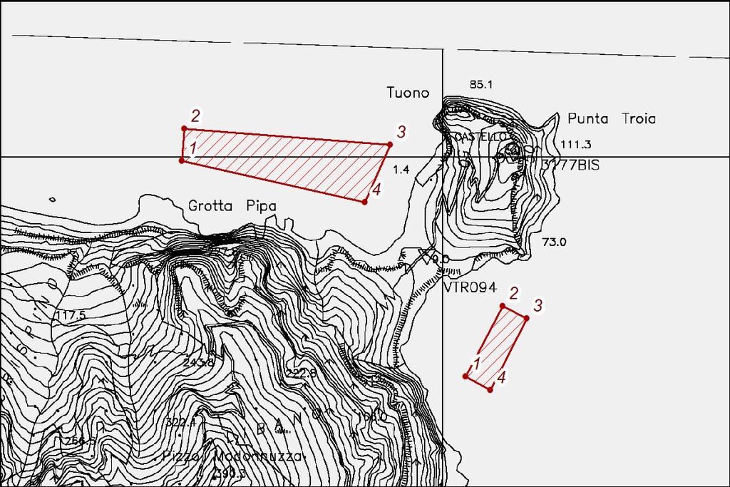 n. Scalo Maestro (Zona B, Isola di Marettimo); 1 N37 59' 30,540" E12 3' 21,840" 2 N37 59' 32,670" E12 3' 21,960" 3 N37 59' 32,041" E12 3' 39,322" 4 N37 59' 28,153" E12 3' 37,350" o.