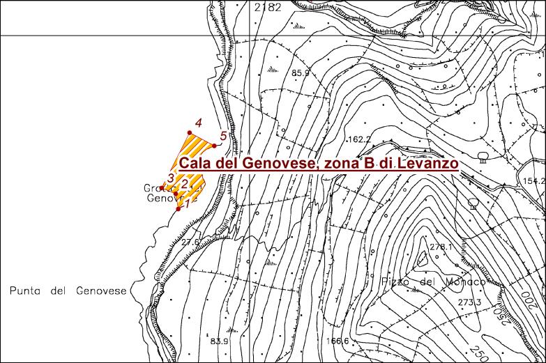 c. Cala del Genovese, zona B di Levanzo; 1 N38 0' 10,556" E12 19' 16,956" 2 N38 0' 11,889" E12 19'