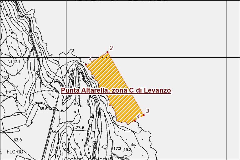 Cala Minnola, zona C di Levanzo; 1 N37 59' 25,006" E12 21' 4,228" 2 N37 59' 24,626" E12 21' 13,838" 3