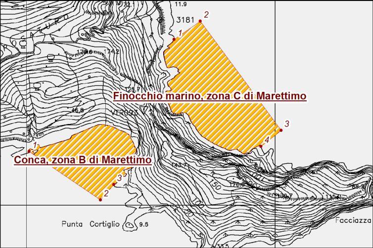 Conca, zona B di Marettimo; 1 N37 56' 57,329" E12 4' 31,306" 2 N37 56' 51,275" E12 4' 43,290" 3 N37 56' 53,343" E12 4' 45,382" j.