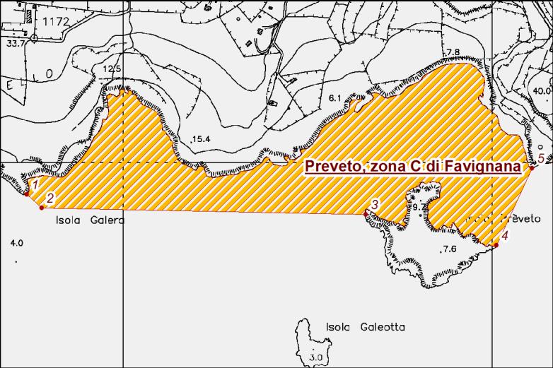 Preveto, zona C di Favignana; 1 N37 54' 56,257" E12 17' 22,881" 2 N37 54'