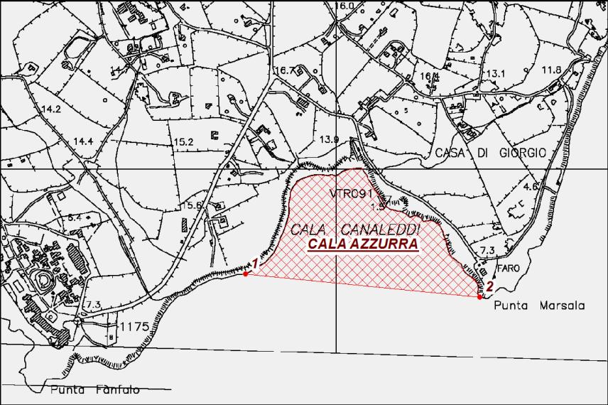 Cala Azzurra, a Favignana, all interno della congiungente le seguenti coordinate, riportate nel sottostante stralcio cartografico: 1 N37 54' 23,871" E12 21' 31,181" 2 N37 54' 22,565" E12 21' 54,901"