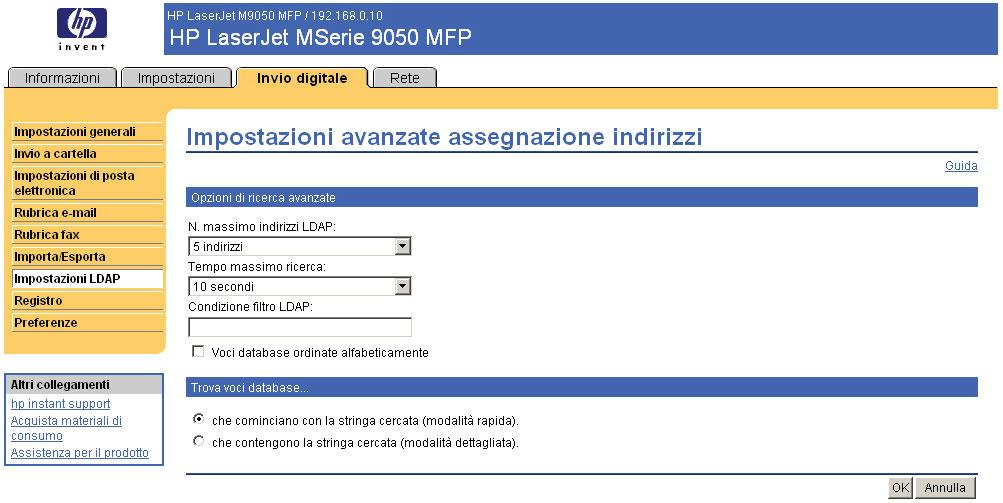 Tabella 4-9 Impostazioni di invio (continuazione) Richiamo Area della schermata Informazioni o funzioni incluse nell'area 15 Avanzate Fare clic su questo pulsante per aprire una nuova schermata in