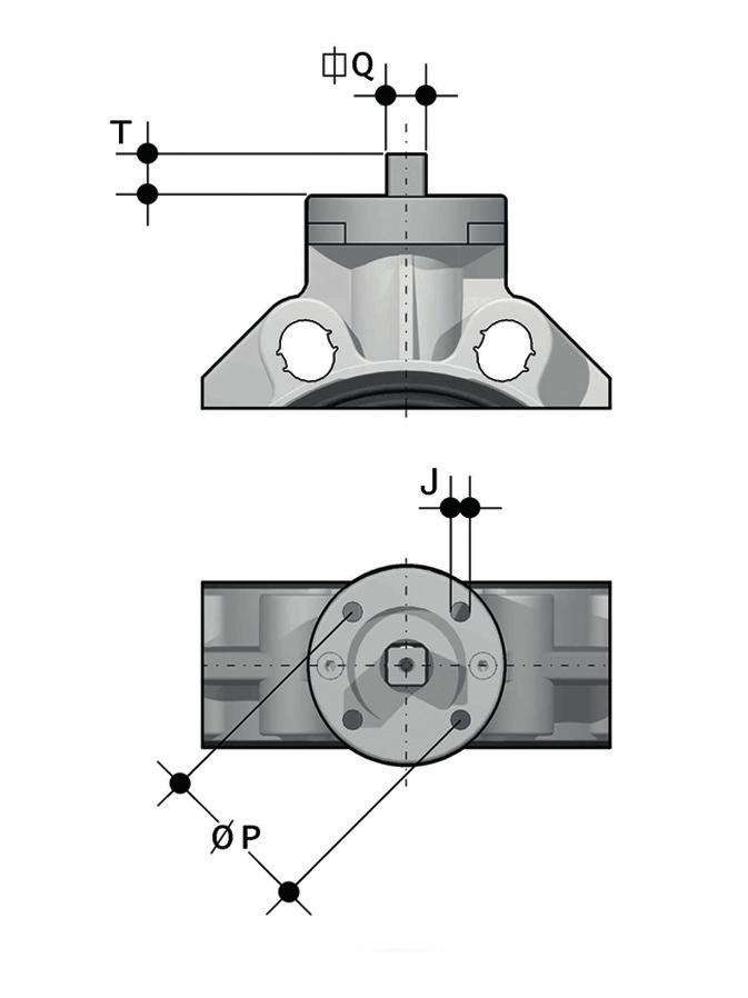 FLANGIA PER MONTAGGIO ATTUATORI La valvola può essere equipaggiata con attuatori pneumatici e/o elettrici standard e riduttori a volantino per operazioni gravose, tramite una flangetta in PP-GR