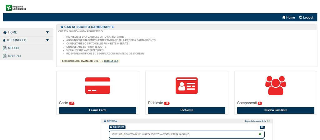 Figura 3 - Pagina principale dell'applicativo Riepilogo delle funzionalità disponibili : Link Home Quando viene cliccato, reindirizza l utente alla pagina principale dell applicativo.