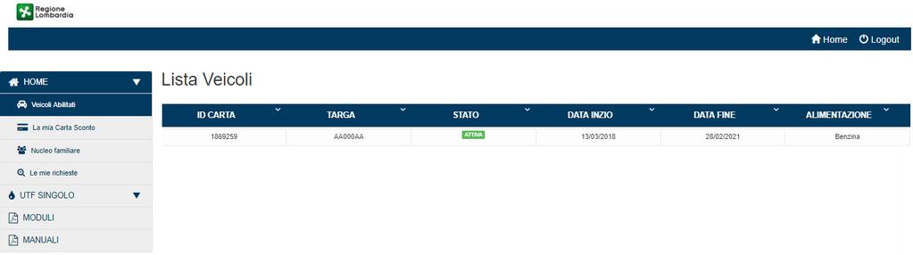 3.1.1 Veicoli Abilitati All interno del sottomenù, se sono presenti carte sconto attive, troveremo una tabella contenente l id della carta sconto associata alla lista delle targhe, lo