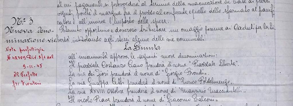 Parte della delibera di Giunta Municipale del 13 maggio 1945 - nomi persone - Giorgio Biondi dove, quando - Enrico Poldelmengo a nova - Maurizio Macciantelli dove, quando -