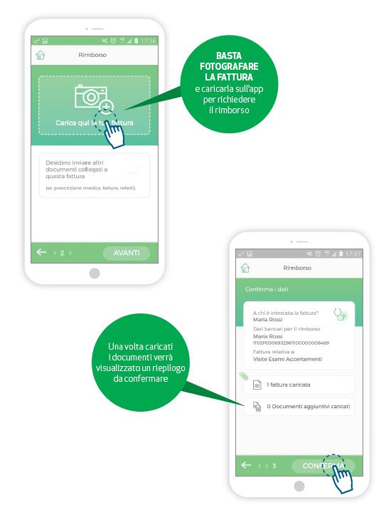 APP RIMBORSI Con la funzione RIMBORSI l assicurato può richiedere tramite l app i rimborsi per le prestazioni sanitarie semplicemente caricando la foto