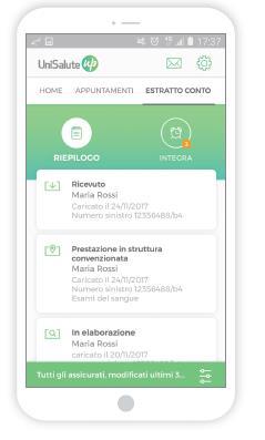 APP ESTRATTO CONTO Nella sezione ESTRATTO CONTO l assicurato può consultare l estratto conto per verificare lo stato di lavorazione delle proprie richieste di rimborso.