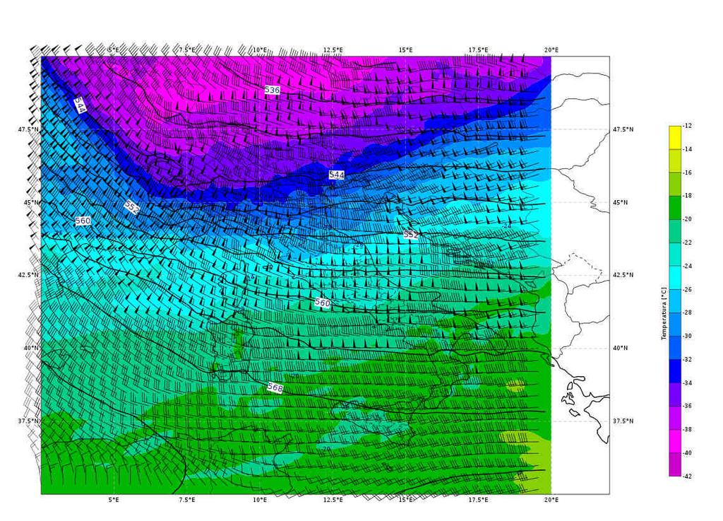 Figura 3. Mappa di analisi (da modello IFS-ECMWF) di geopotenziale, temperatura e vento a 500 hpa dell'11/03/2019 alle 12 UTC, centrata sull Italia. 2.