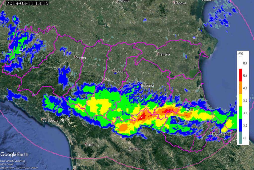 Alle 19:10 UTC questi due sistemi, in espansione, si uniscono ad un nuovo sistema in evoluzione sulla provincia di Forlì-Cesena
