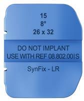 Impianti di prova SynFix-LR Impianti di prova Codice colore per misura (stesso colore del componente placca SynFix-LR). 26 mm profondità 32 mm larghezza Impianto Lordosi Altezza Codice colore 03.802.