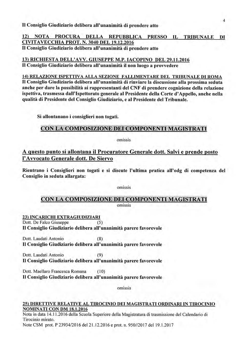 12) NOTA PROCURA DELLA REPUBBLICA PRESSO IL TRIBUNALE DI CIVITAVECCHIA PROT. N. 3040 DEL 19.12.2016 13) RICHIESTA DELL'AVV. GIUSEPPE M.P. IACOPINO DEL 29.11.