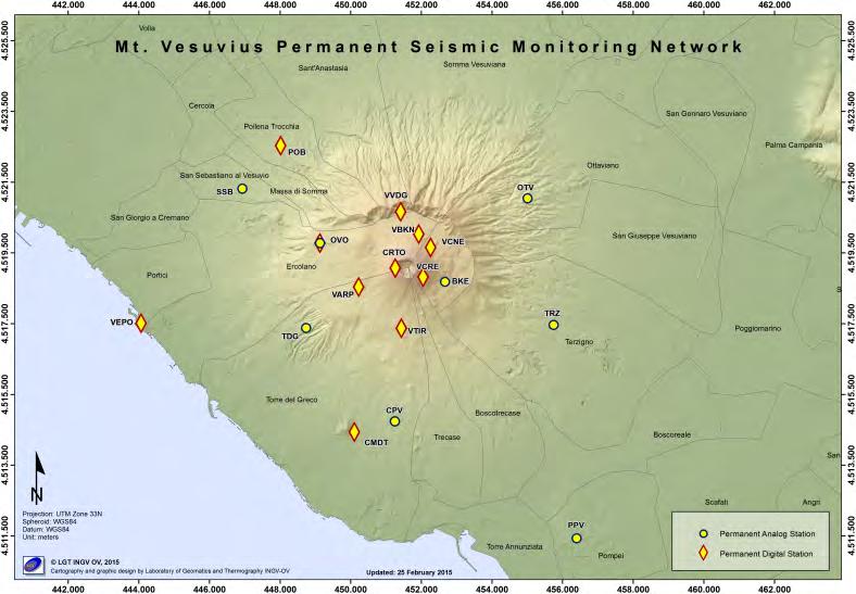 totale 78). Figura 1.2 - Localizzazioni ipocentrali al Vesuvio nel corso degli ultimi 12 mesi (in blu) e dell ultimo mese (in rosso).