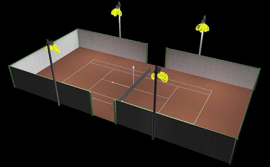 Proiettori ILLUMINAZIONE A LED PER ESTERNI e INTERNI CAMPO DA TENNIS (ALL APERTO) CLASSE III Competizioni locali, formazione, scuola e uso amatoriale Rendimento medio: lux Uniformità media: 0,6 Nº