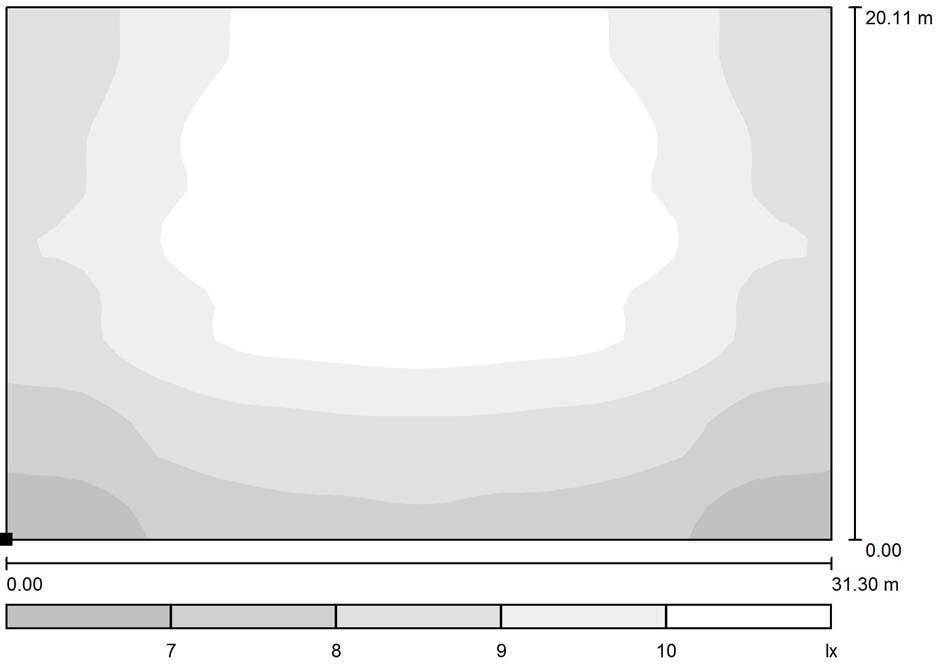 Palestra - sicurezza / Superficie di calcolo 1 / Livelli di grigio (E, perpendicolare) Posizione della superficie nel locale: Punto contrassegnato: (35.