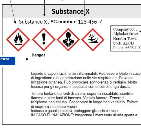 Esempi di etichette (non per il pubblico) Pittogramma di pericolo Identificatori di