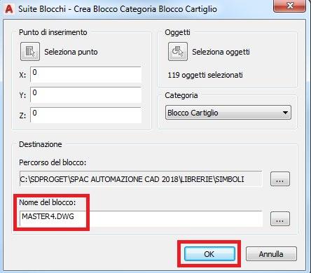 Il nome del blocco deve essere consecutivo ai nomi dei cartigli già presenti