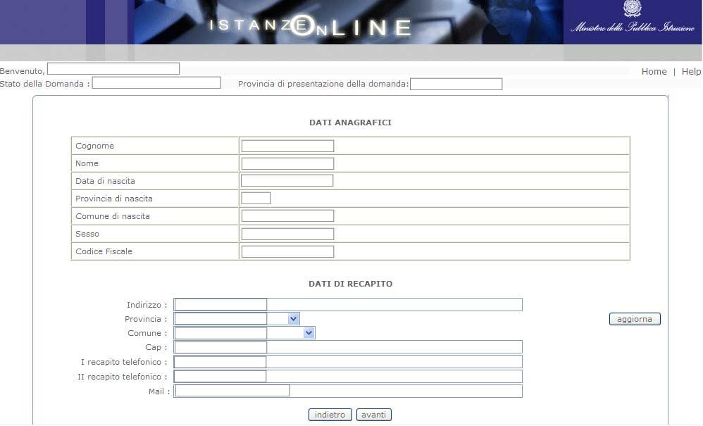 3.2 Funzione Elementare: Visualizzazione dati anagrafici ed aggiornamento dati di recapito La funzione in oggetto permette, una volta individuata la posizione dell aspirante, di