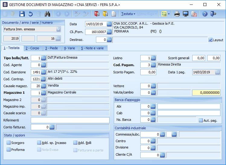 A livello gestionale, procedere da: 4 Vendite/Magazzino 1 Gestione Giornaliera 1 Gestione Documenti di magazzino Selezionare come Tipo documento Fattura Imm. Emessa e cliccare Nuovo.