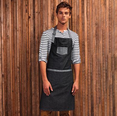 280 PR27 3 20 g/m2 PR28 3 20 g/m2 Domain Contrast Denim Bib Apron 70% cotone, 30% poliestere. Grembiule in denim con pettorina e due occhielli metallici grandi fermacintura.