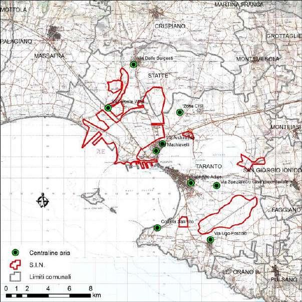 Figura - Localizzazione delle centraline di qualità dell aria site a Taranto e gestite da Arpa Puglia PROV COMUNE STAZIONE TIPO STAZIONE E (UTM33) N (UTM33) PM10 PM2,5 NO2 O3 C6H6 CO SO2 Machiavelli