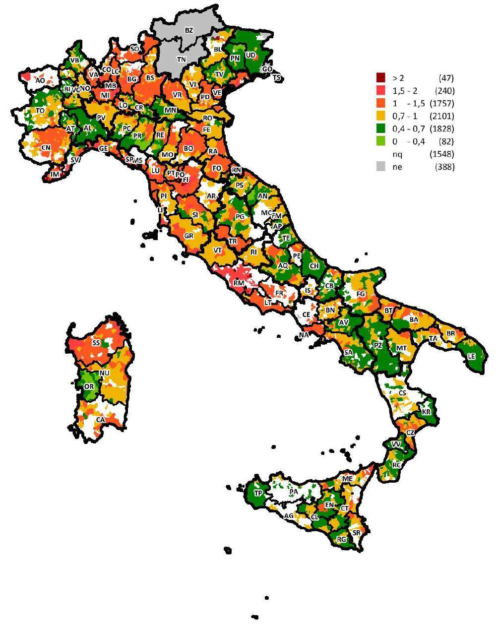 Figura 38: Mappa dei differenziali delle quotazioni medie comunali 2018 15 (valore medio nazionale=1) produttivo 15 Nella mappa tematica i comuni tavolari sono