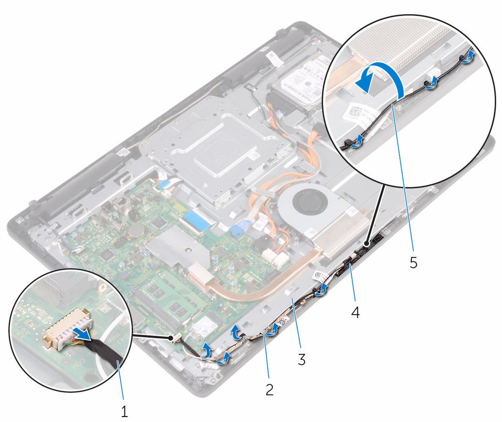 2 Prendere nota dell'instradamento dei cavi di fotocamera e antenna e rimuoverli dalle guide di instradamento.