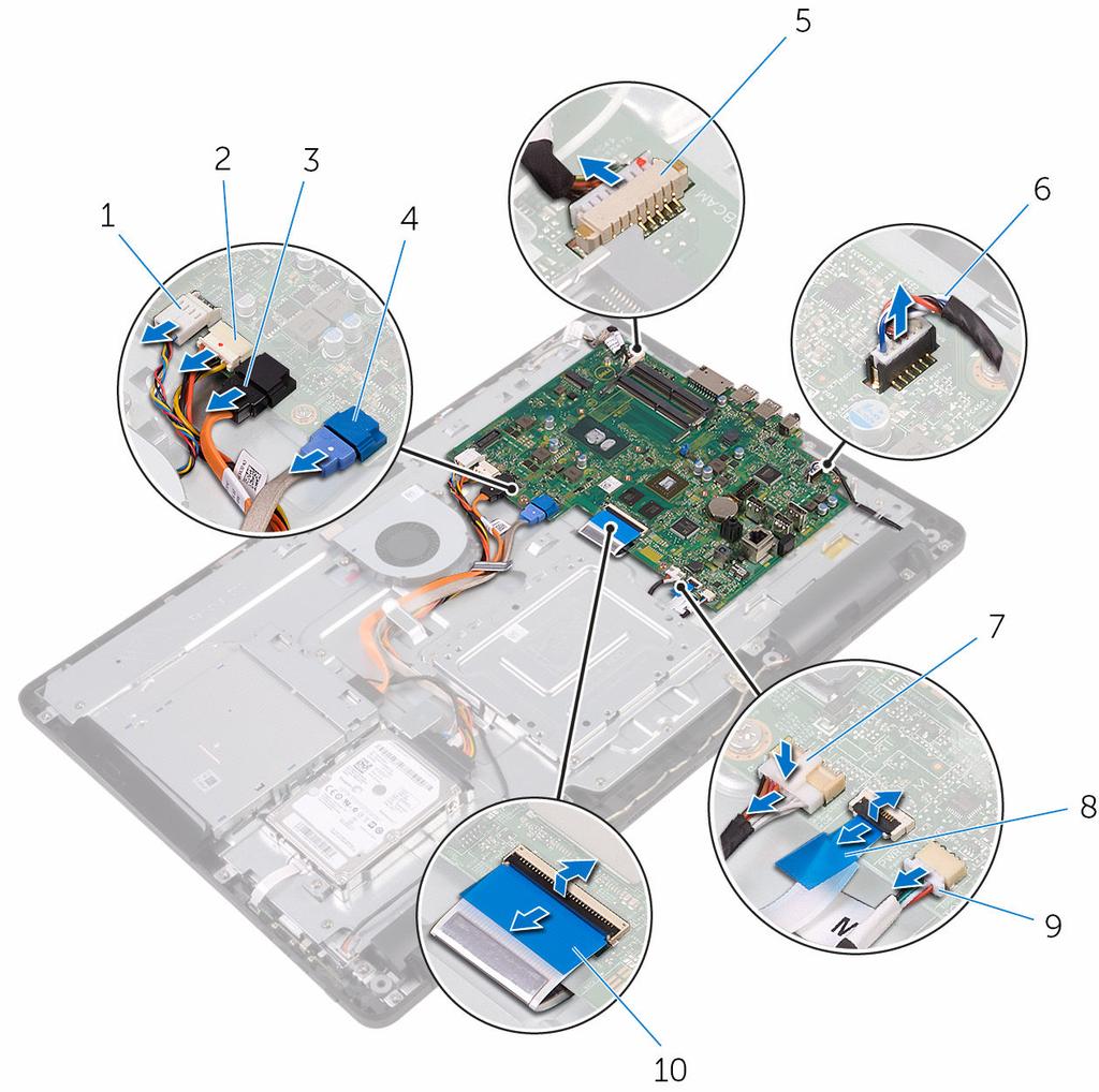 2 Sollevare i dispositivi di chiusura e scollegare il cavo della scheda dei pulsanti di controllo e il cavo dello schermo dalla scheda di sistema.