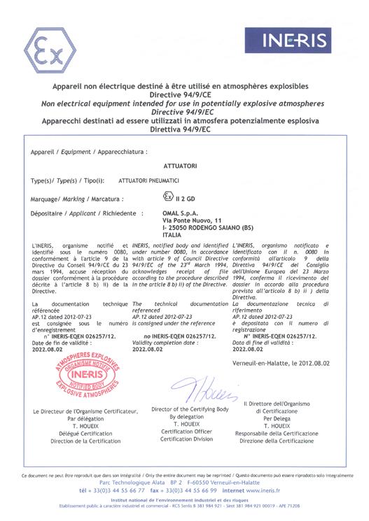 .19 CERTIFICATES ATEX (Pneumatic actuator certificate) Dichiarazione che il Sistema di Qualità applicato per la progettazione, fabbricazione, ispezione finale e la prova di valvole industriali è in