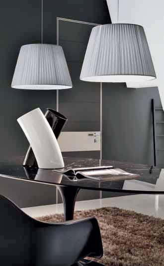Glazed white ceramic frame combined with white plated fabric lampshade, black frame combined with black lampshade. H. 45 Ø 25 cm.