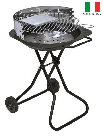 Paravento in acciaio inox con bordo antigraffio. Gambe ripiegabili premontate 99,90 000333384 - BARBECUE GRILL A CARBONELLA "TANDEM" -. Barbecue a carbone. Superficie di cottura: cm 52Ø.