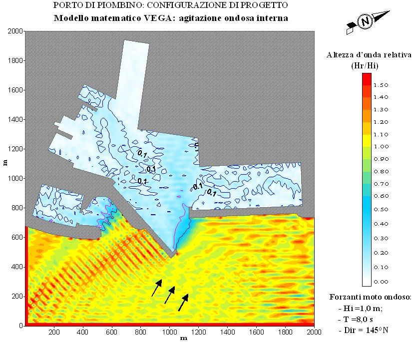 Figura 3.9 Configurazione di Progetto 1: agitazione ondosa simulata con eventi provenienti da 145 N e periodo d onda pari a 6 s. Figura 3.