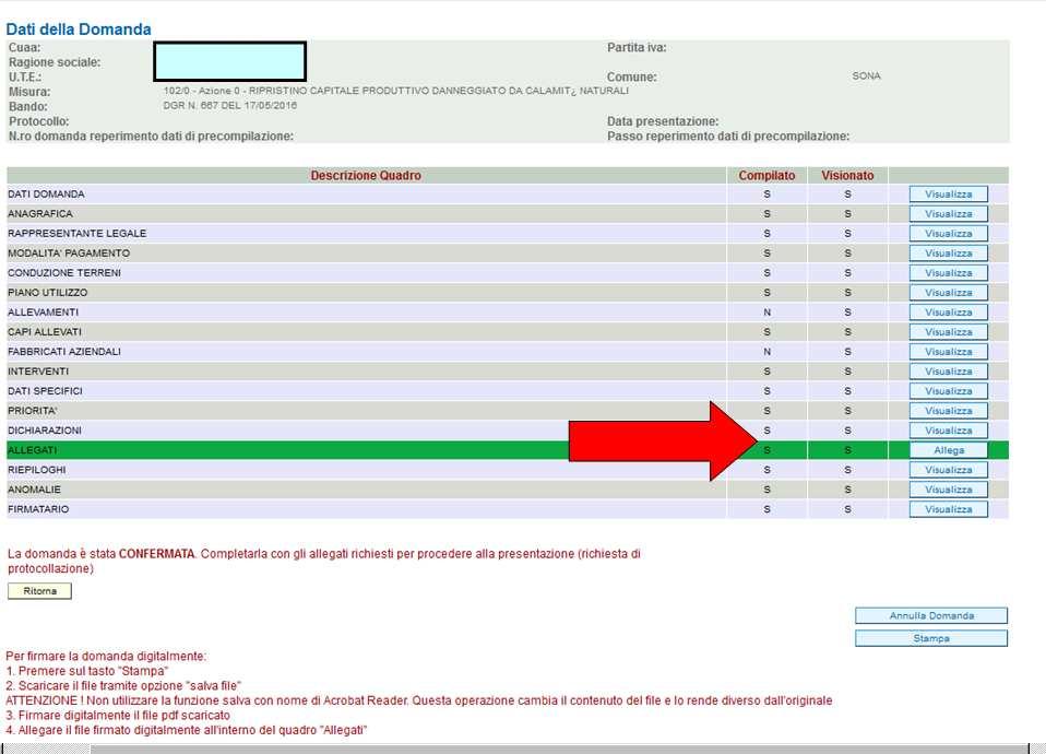 5.2. Fase UPLOAD ALLEGATI Per effettuare l UPLOAD degli allegati, premere il tasto quadro ALLEGATI (v.