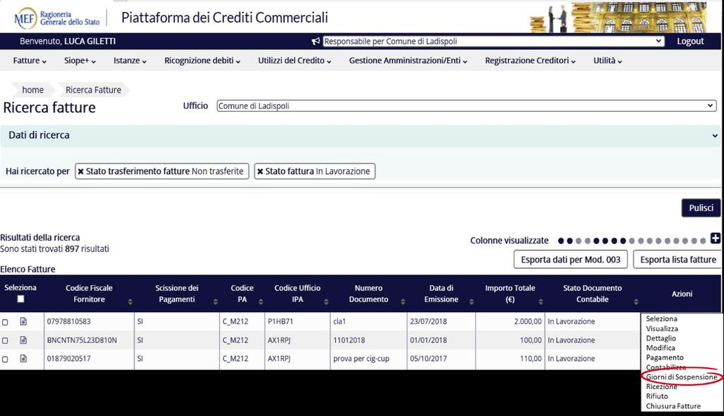 Il Sistema fornisce la possibilità di inserire o modificare i Giorni di Sospensione associati ai pagamenti