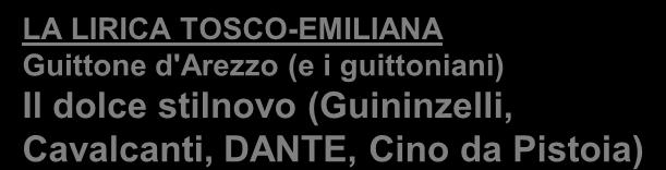 guittoniani) Il dolce stilnovo (Guininzelli, Cavalcanti, DANTE, Cino da Pistoia) AREA MERIDIONALE SCUOLA SICILIANA (corte di