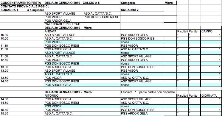 CALENDARIO DI GIOCO CONCENTRAMENTO/FESTA DEL 20-01-2019