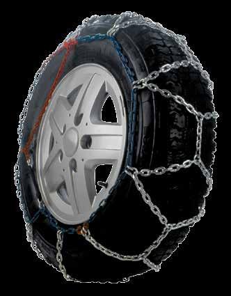 NET TYPE SNOW CHAINS. EQUIPPED WITH FLEXIBLE CABLE AND SELF-LOCKING TENSON. MANUFACTURED WITH COMPACT LINK D SHAPE.