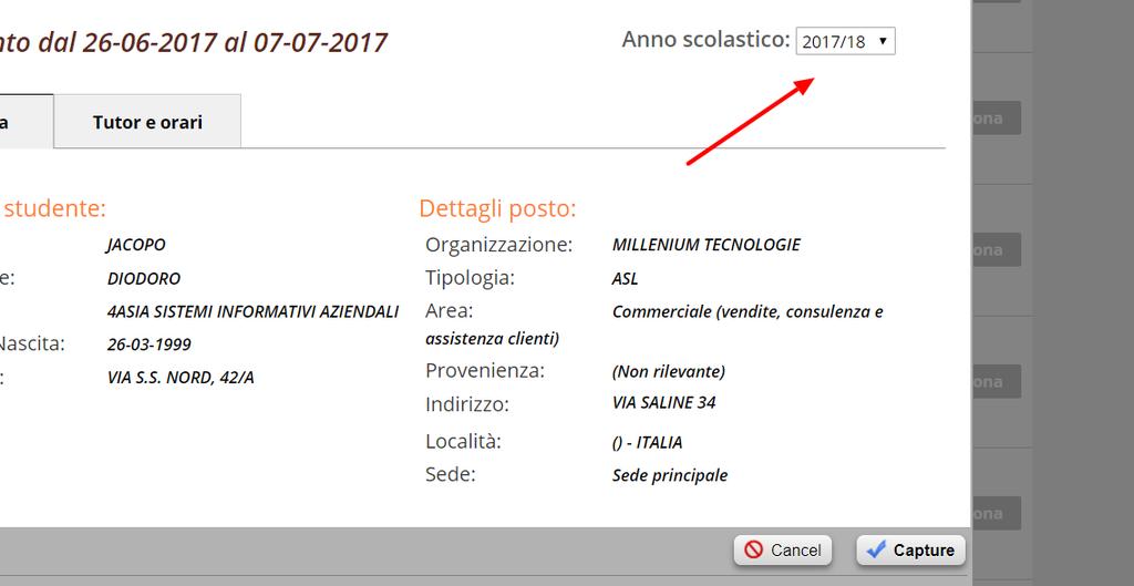 nella schermata che si apre selezionare nuovamente l anno 2016/2017, in modo che l abbinamento allo stage risulti per lo scorso anno scolastico: quindi inserire il nome dello studente nel campo CERCA.