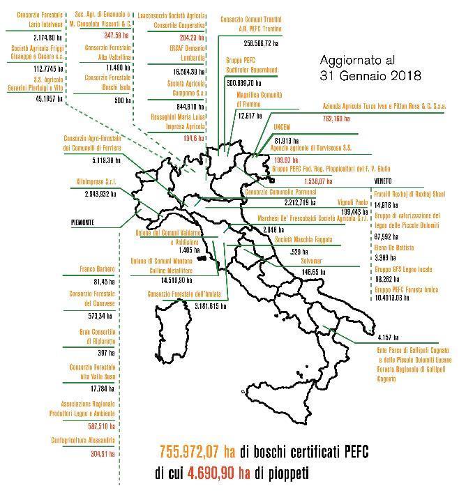 Alcuni dati: 90% delle foreste certificate in Italia è PEFC 4% è PEFC e FSC 6% FSC Il Consorzio delle