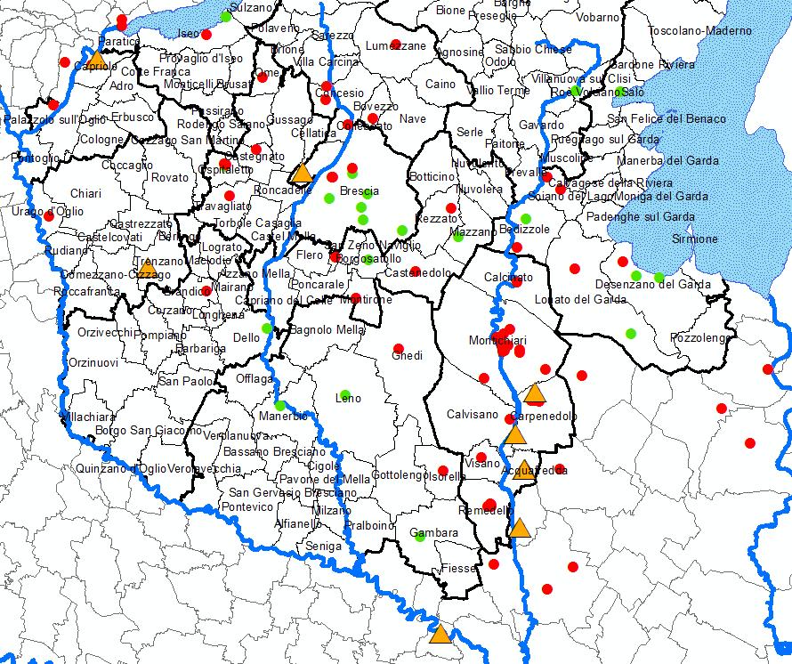 Figura 10: Mappa di distribuzione dei casi di legionella (in verde i casi con antigene urinario positivo,